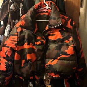 Kids Camouflage Puffer Jacket - Orange and Brown
